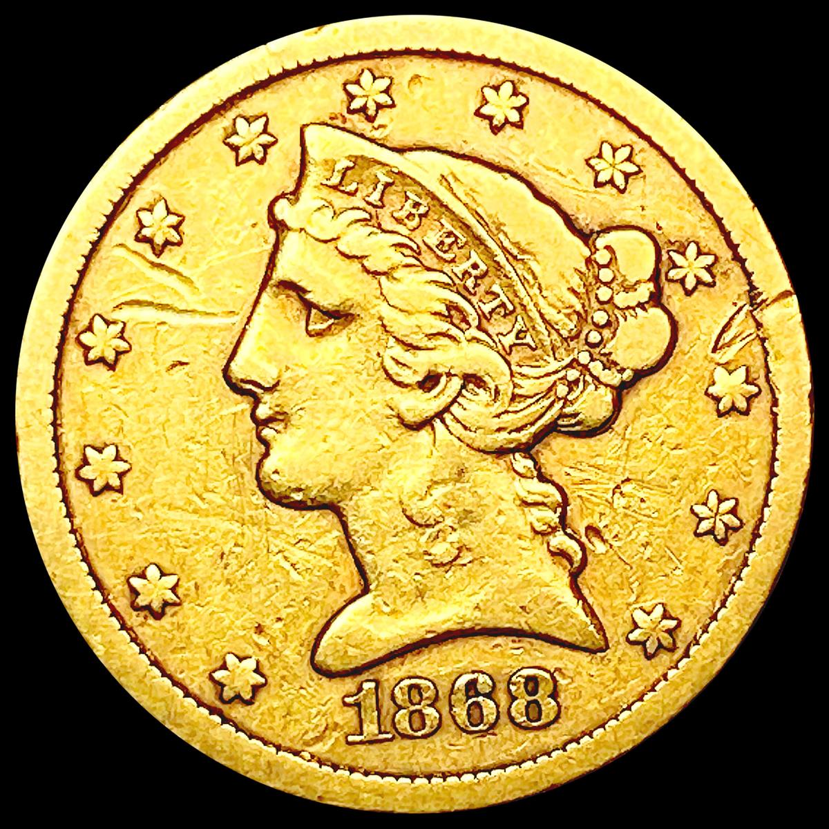 1868-S $5 Gold Half Eagle LIGHTLY CIRCULATED