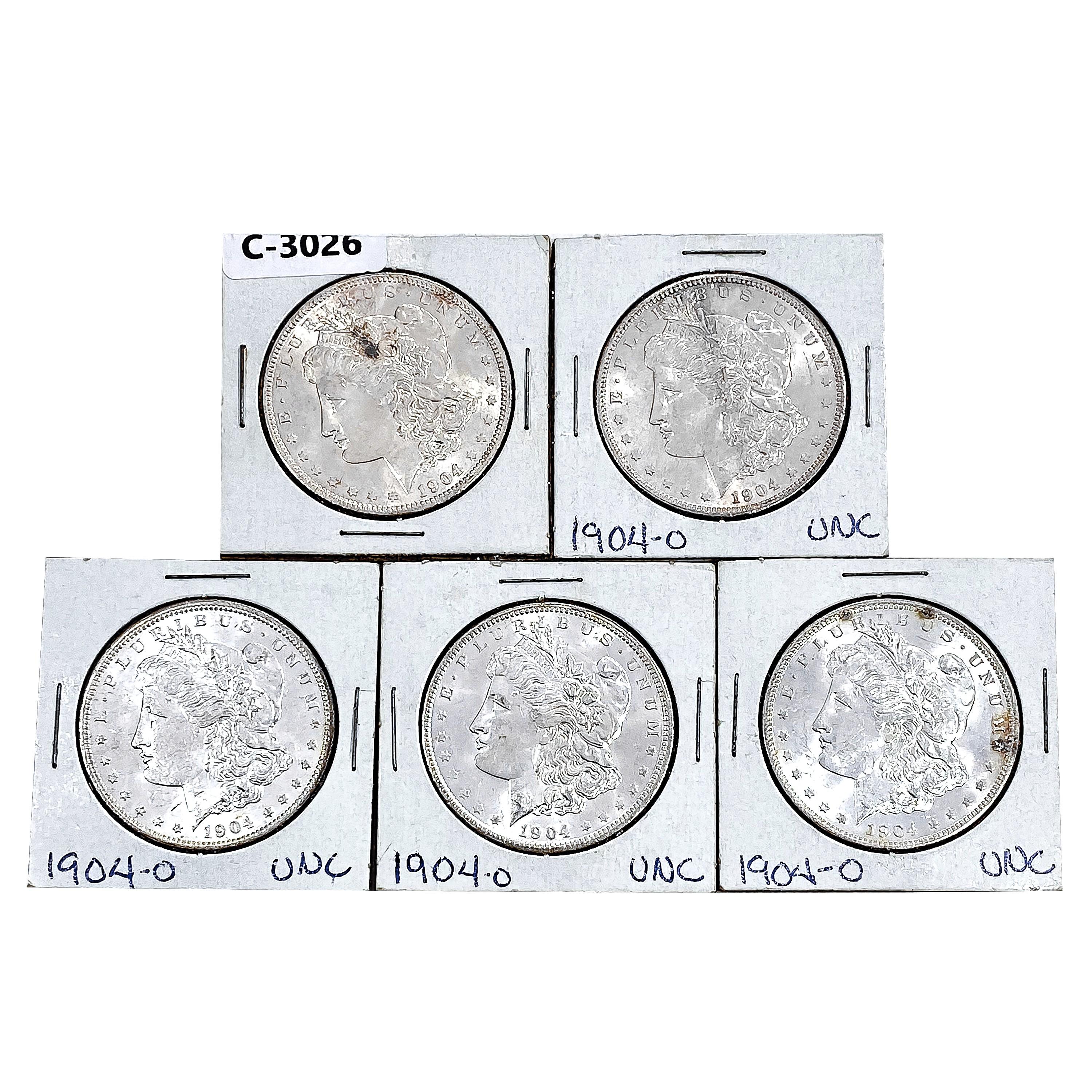 1904-O Unc. Morgan Silver Dollars [5 Coins]