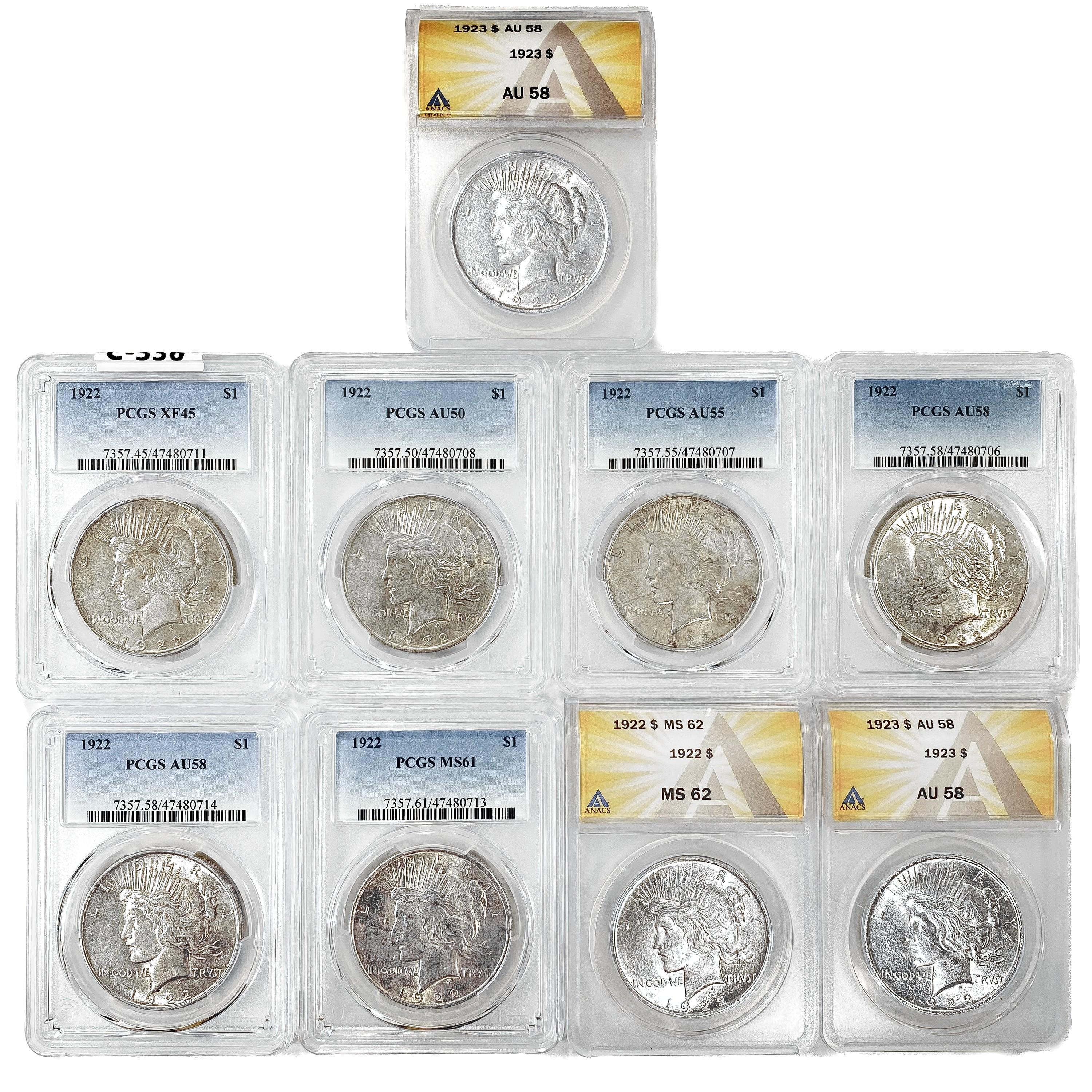 [9] 1922-23 Peace Silver Dollars ANACS/PCGS AU/MS