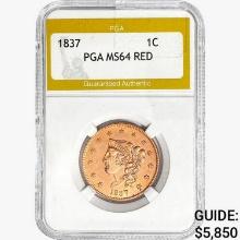 1837 Coronet Head Large Cent PGA MS64 RED