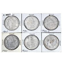 1921 Morgan Silver Dollars; Diff. Mints [6 Coins]