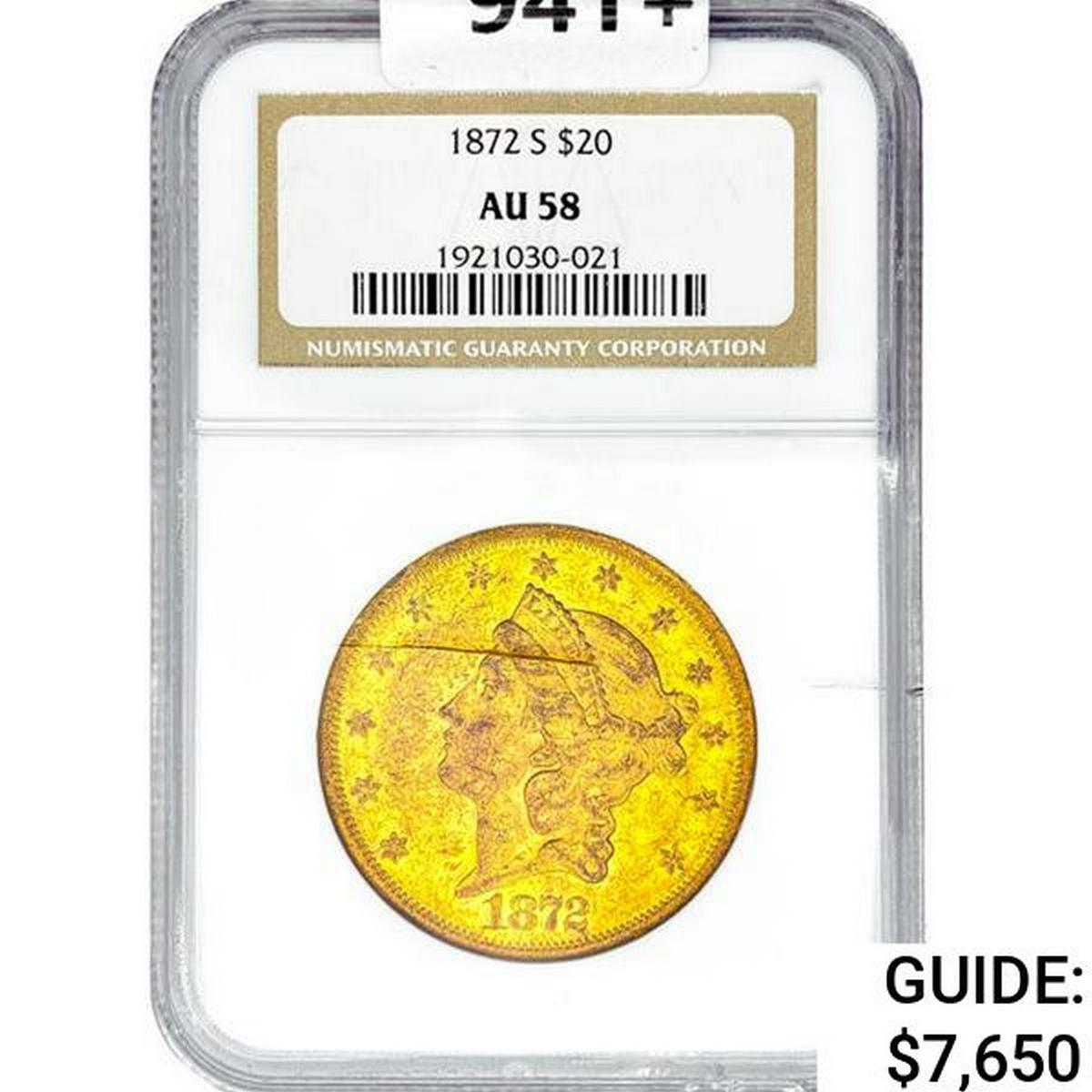 1872-S $20 Gold Double Eagle NGC AU58