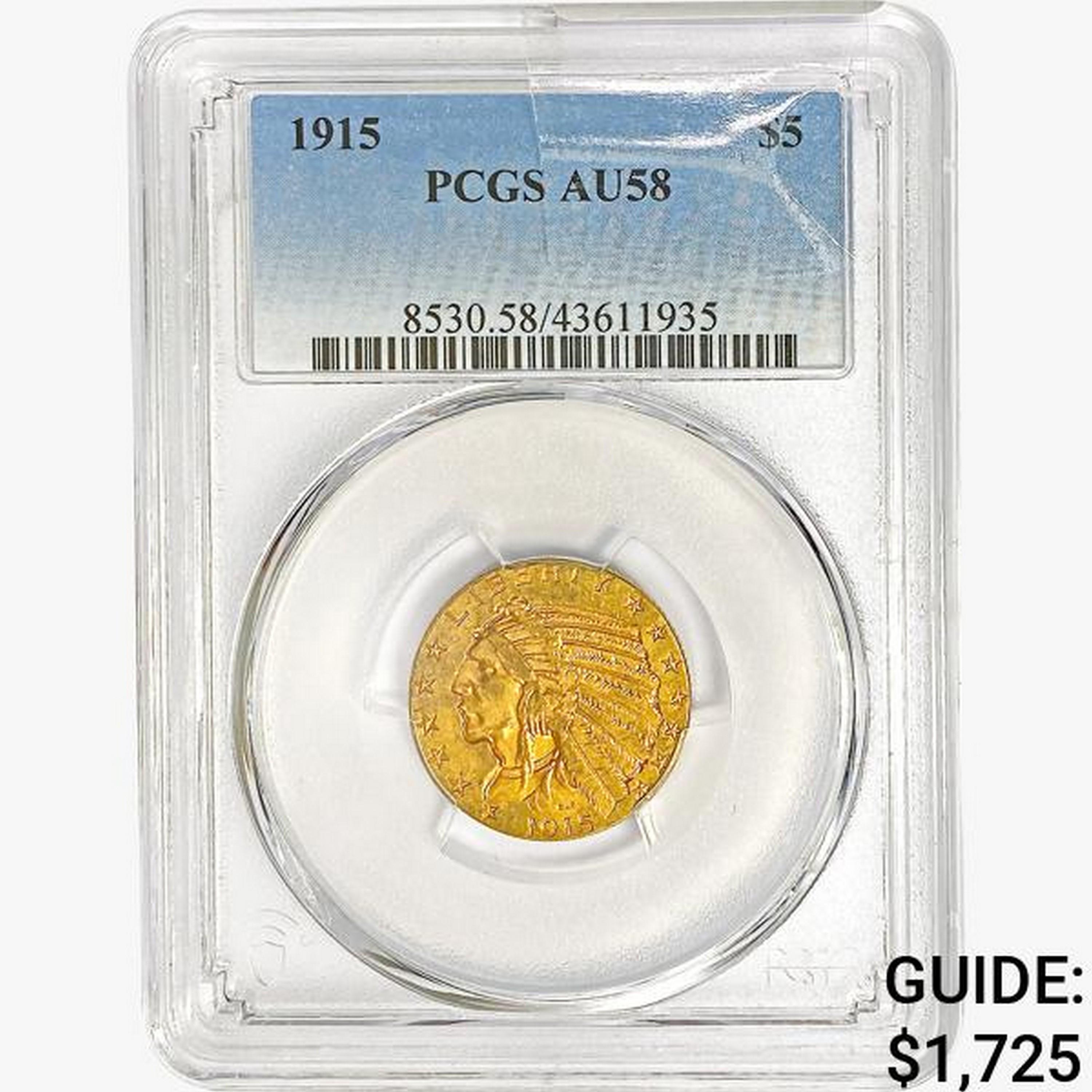 1915 $5 Gold Half Eagle PCGS AU58