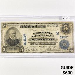 1905 $5 LG Burlington Bank, VT National Bank Note