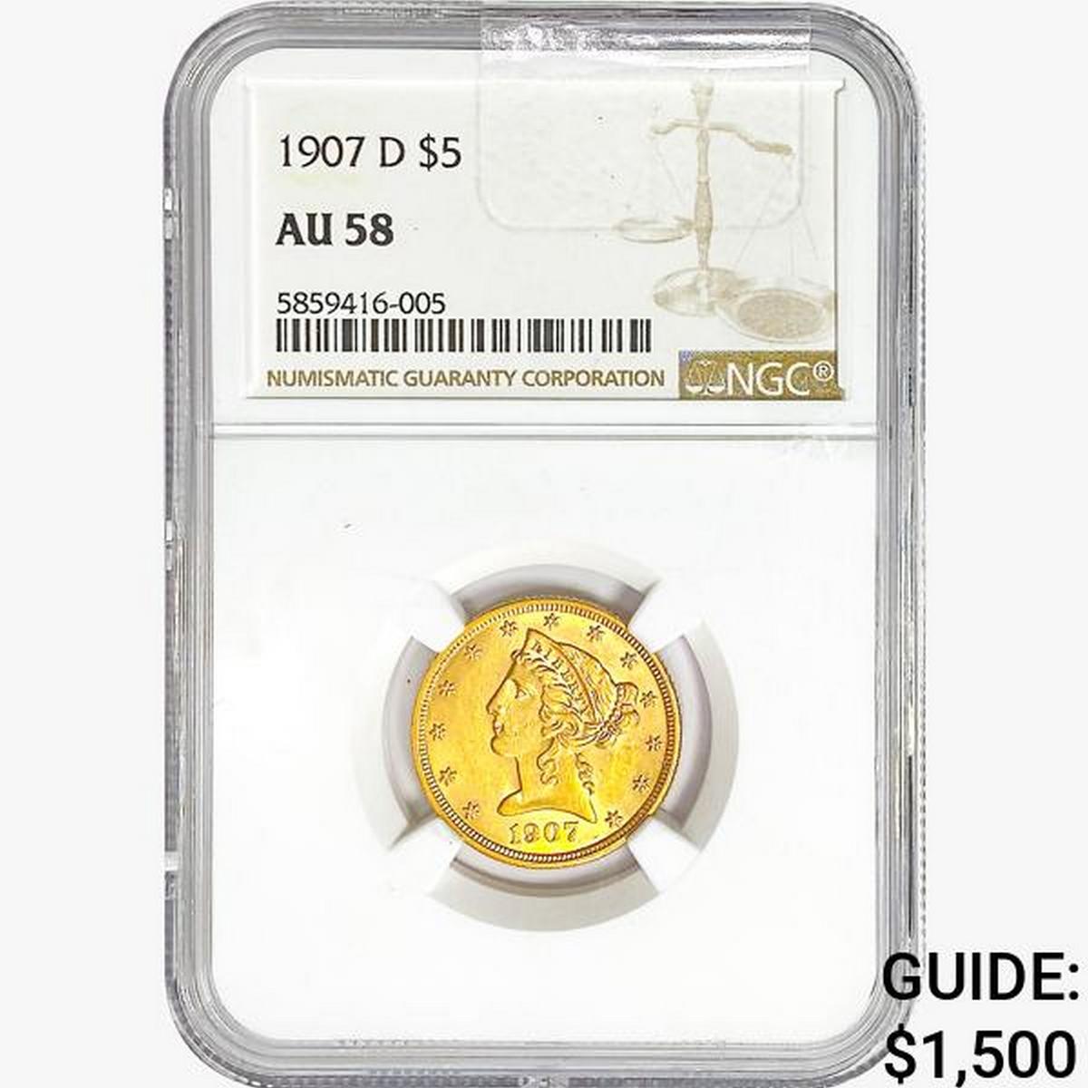 1907-D $5 Gold Half Eagle NGC AU58