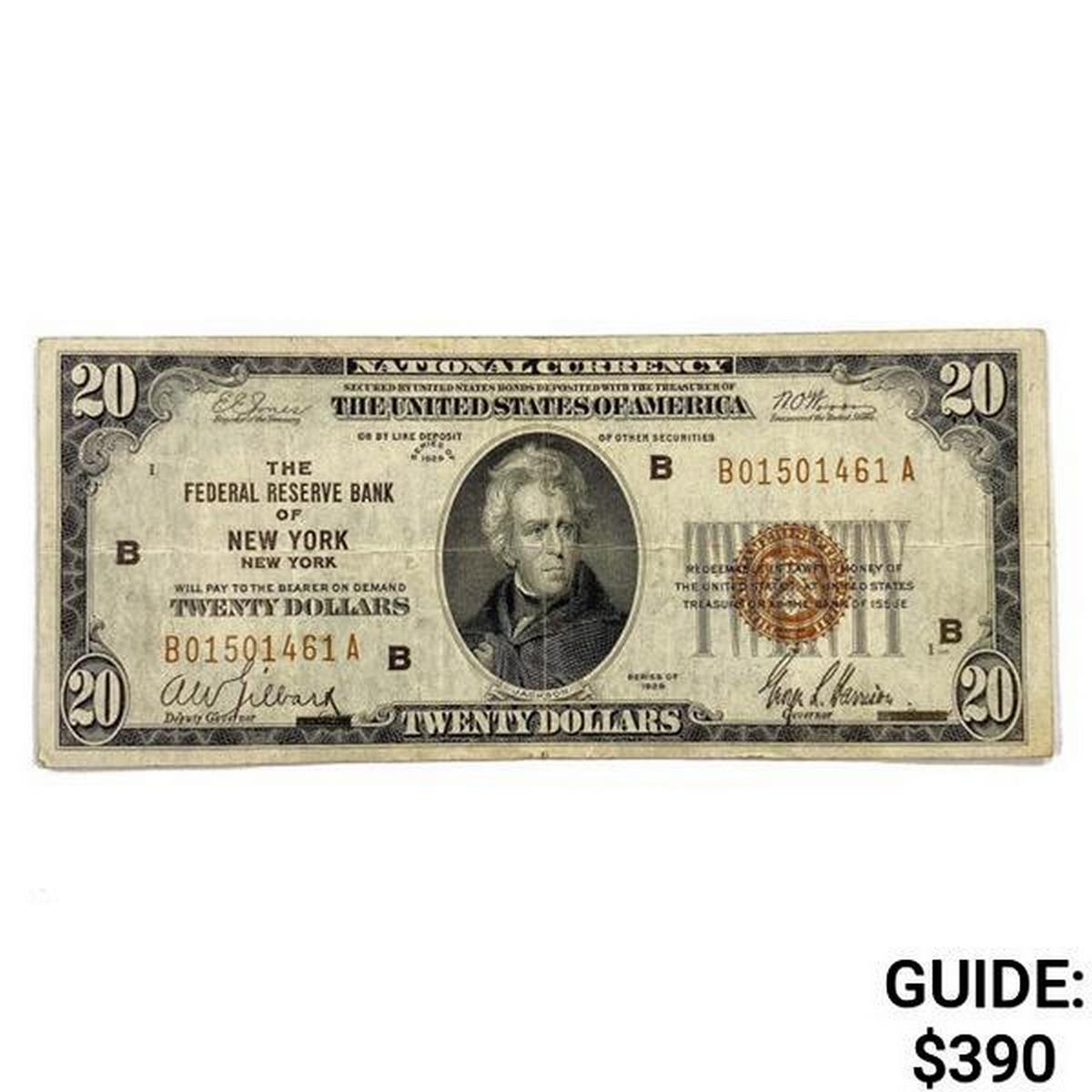 1929 B $20 US Bank of New York Fed Res Note