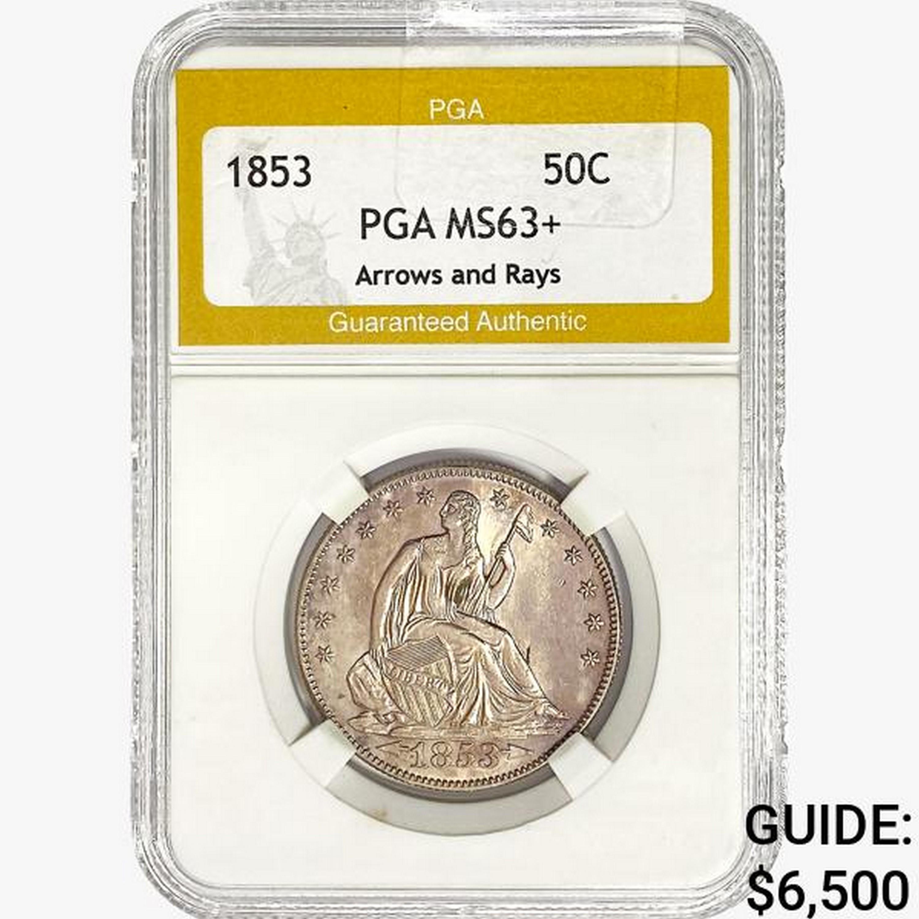 1853 Seated Liberty Half Dollar PGA MS63+ ARWS&Ray