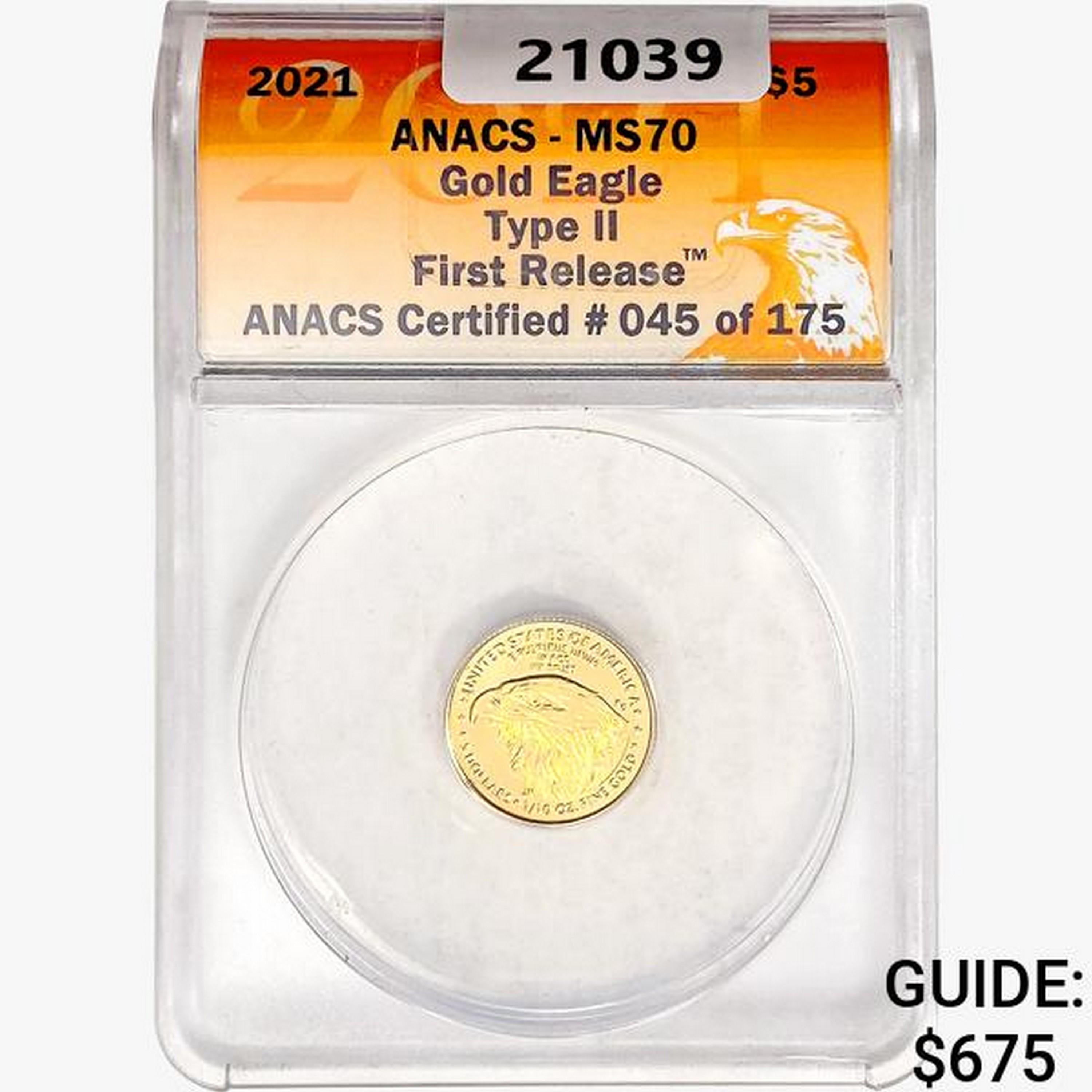 2021 $5 1/10oz. A.G.E. ANACS MS70 Ty II, FR