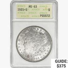 1921-S Morgan Silver Dollar ANACS MS63