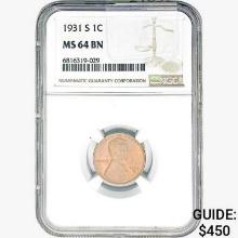 1931-S Wheat Cent NGC MS64 BN