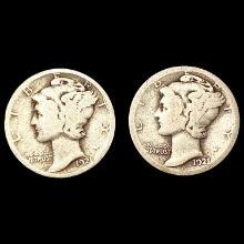 [2] Mercury Silver Dimes [1921, 1921-D] NICELY CIR