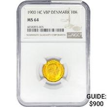 1900 .1296oz. Gold HC VBP Denmark 10 Kroner NGC MS