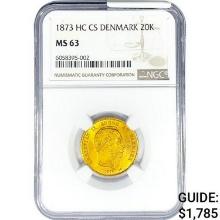 1873 .2593oz. Gold HC CS Denmark 20 Kroner NGC MS6