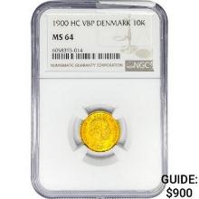 1900 .1296oz. Gold HC VBP Denmark 10 Kroner NGC MS