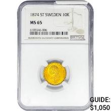 1874 .1296oz. Gold ST Sweden 10 Kroner NGC MS65