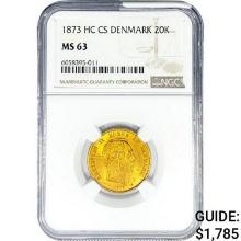 1873 .2593oz. Gold HC CS Denmark 20 Kroner NGC MS6