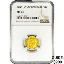 1900 .1296oz. Gold HC VBP Denmark 10 Kroner NGC MS