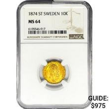 1874 .1296oz. Gold ST Sweden 10 Kroner NGC MS64