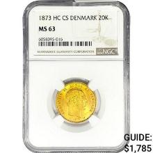 1873 .2593oz. Gold HC CS Denmark 20 Kroner NGC MS6