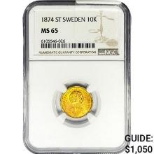 1874 .1296oz. Gold ST Sweden 10 Kroner NGC MS65