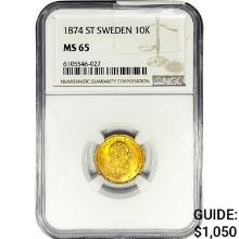 1874 .1296oz. Gold ST Sweden 10 Kroner NGC MS65