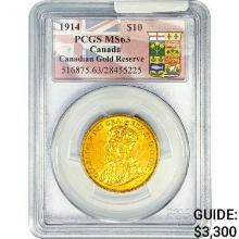 1914 .4838oz. Gold $10 Canada Reserve PCGS MS63