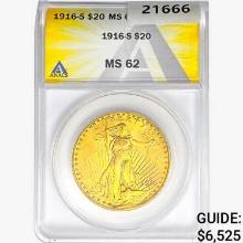 1916-S $20 Gold Double Eagle ANACS MS62