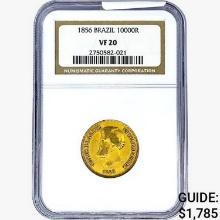 1856 .2643oz. Gold Brazil 10000 Reis NGC VF20