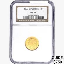 1922 .0933oz. Gold Swizerland 10 Francs NGC MS66