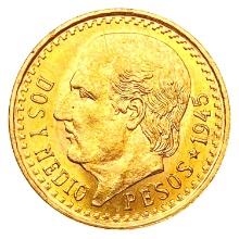 1945 Mexico .0603oz Gold 2 1/2 Pesos UNCIRCULATED