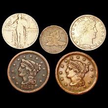 [5] Varied US Coinage [1851, 1854, 1857, 1904, 192