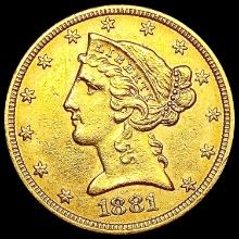 1881 $5 Gold Half Eagle CLOSELY UNCIRCULATED