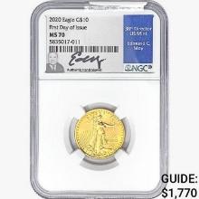 2020 $10 1/4oz. Gold Eagle NGC MS70 FDI Signed Moy