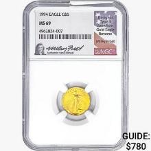 1994 $5 1/10oz. Gold Eagle NGC MS69 Signed Frost