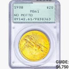 1908 $20 Gold Double Eagle PCGS MS61 No Motto
