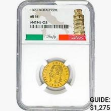 1865T .1867oz. Gold BN Italy 20 Lire NGC AU55