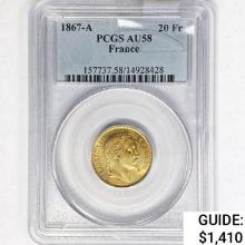 1867-A France .1867oz Gold 20 Francs PCGS AU58