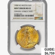 1908 $20 Gold Double Eagle NGC MS63 OBV Struck Thr