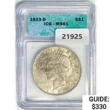 1923-D Silver Peace Dollar ICG MS61