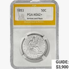 1853 Seated Lib Half Dollar PGA MS62+ Arws & Rays