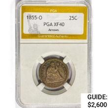 1855-O Seated Liberty Quarter PGA XF40 Arrows