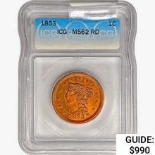 1853 Braided Hair Large Cent ICG MS62 RD