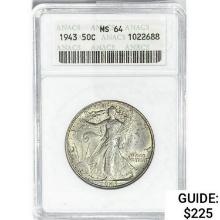 1943 Walking Liberty Half Dollar ANACS MA64