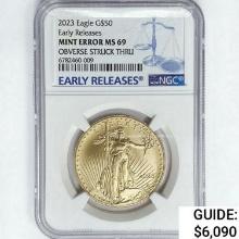 2023 $50 1oz AGE NGC MS69 Obv Struck Thru