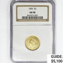 1855 $3 Gold Piece NGC AU58