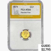 1874 Rare Gold Dollar PGA MS66 Planchet Flaw