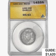 1893 Isabella Silver Quarter ANACS MS63