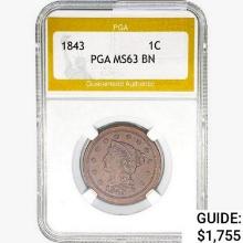 1843 Braided Hair Large Cent PGA MS63 BN