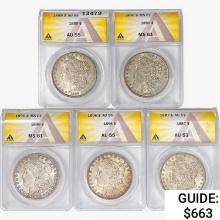 [5] Morgan SILV Dollars ANACS AU/MS [1887, 1889, 1