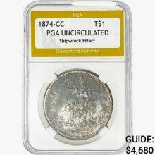 1874-CC Silver Trade Dollar PGA UNC  Shipwreck Eff